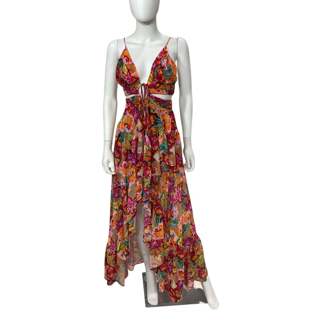 Lovers And Friends Vibrant Orange Multi Fabi Gown Size XXS - Picture 2 of 5